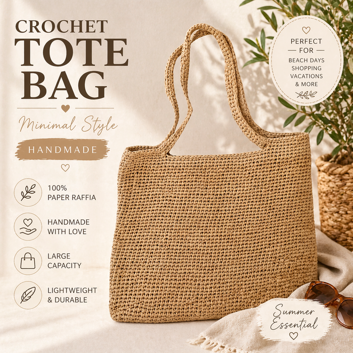 Crochet Raffia Tote Bag Large Capacity Minimalist Woven Shoulder Bag Summer Beach Shopper Handmade Boho Handbag Women Gift-0
