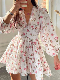 Lace Detail V-Neck Balloon Sleeve Dress
