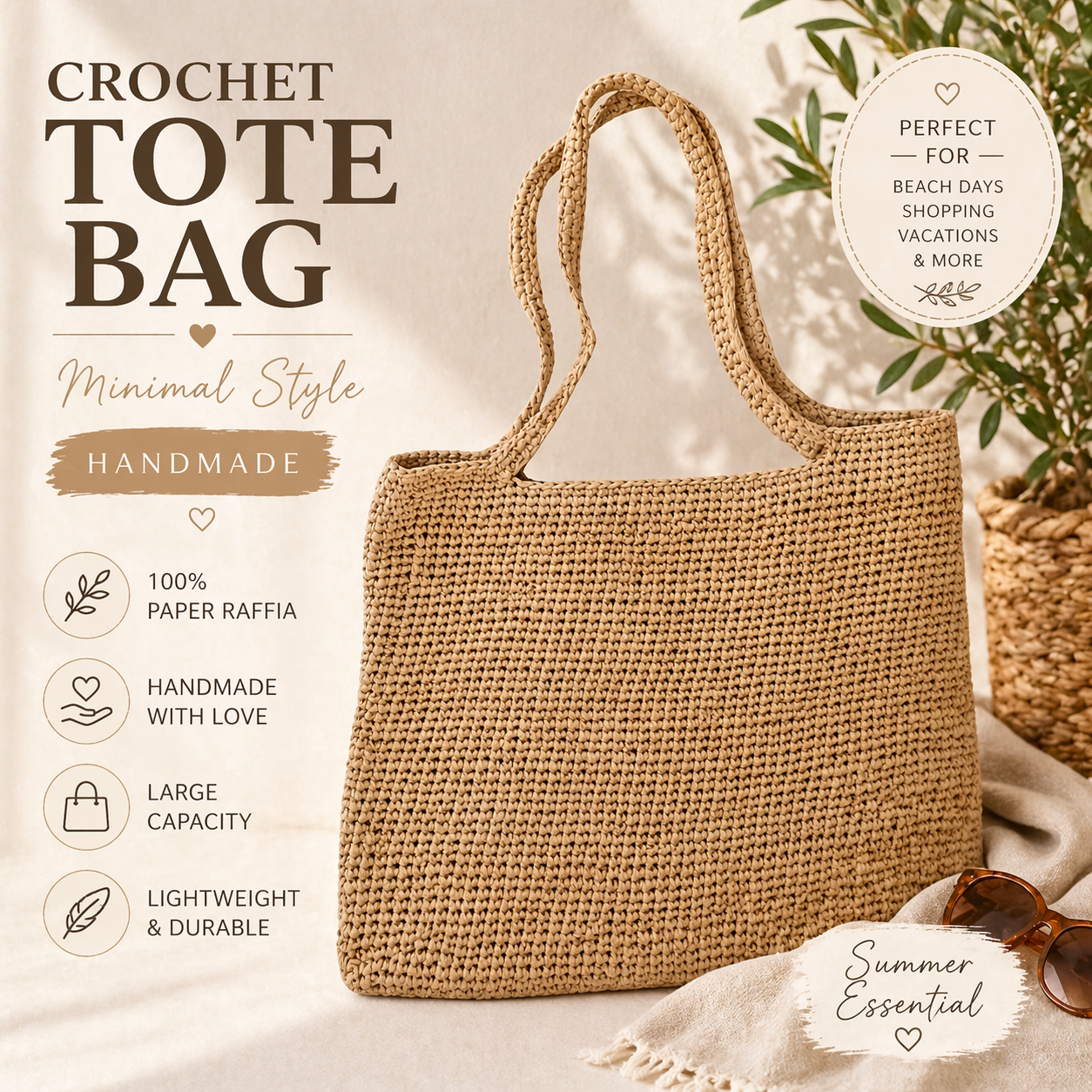 Crochet Raffia Tote Bag Large Capacity Minimalist Woven Shoulder Bag Summer Beach Shopper Handmade Boho Handbag Women Gift-0