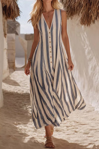 Striped V-Neck Sleeveless Midi Dress