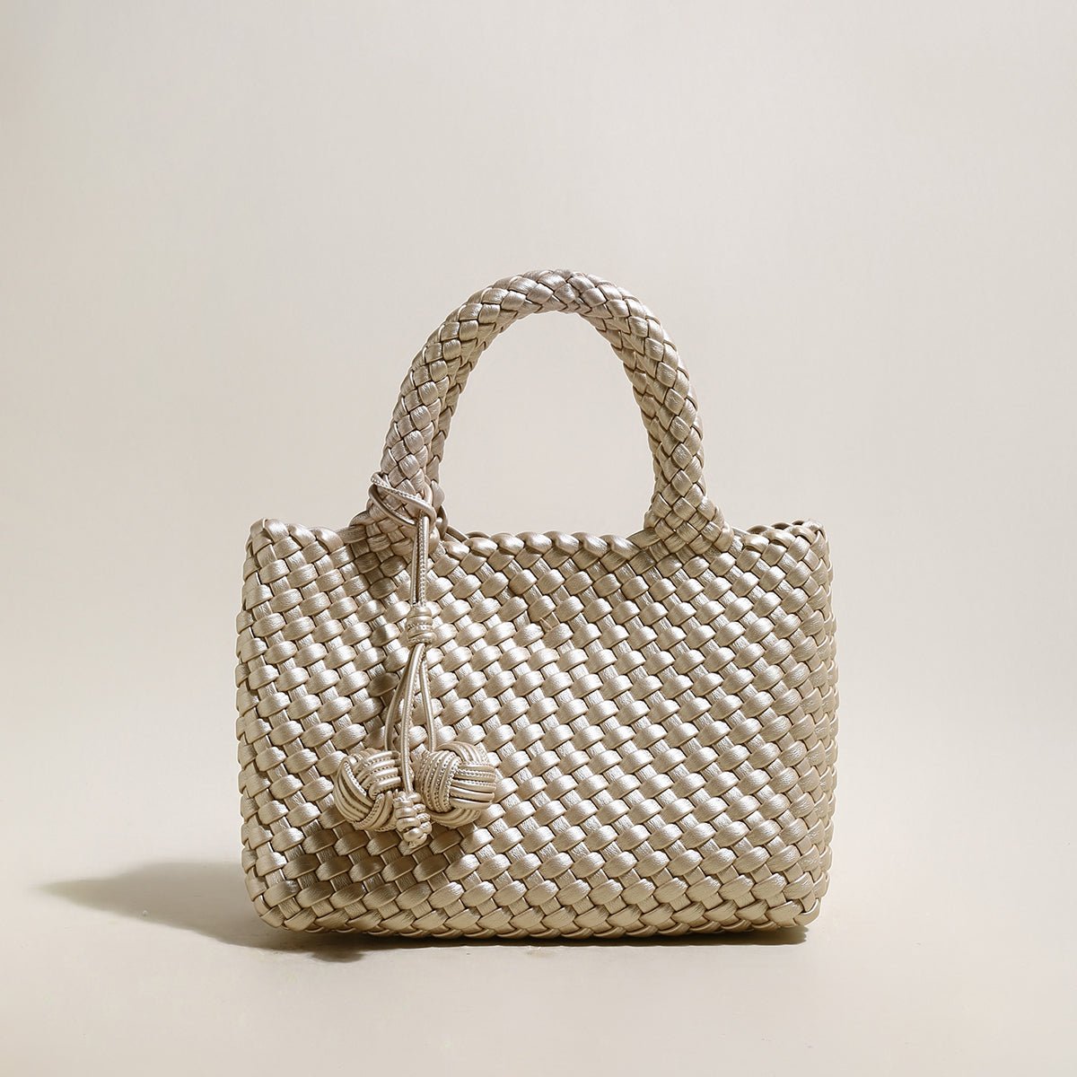 Happy Mini Woven Leather Top Handle Bag – Artisan Handwoven Structured Mini Tote with Knotted Charm-0