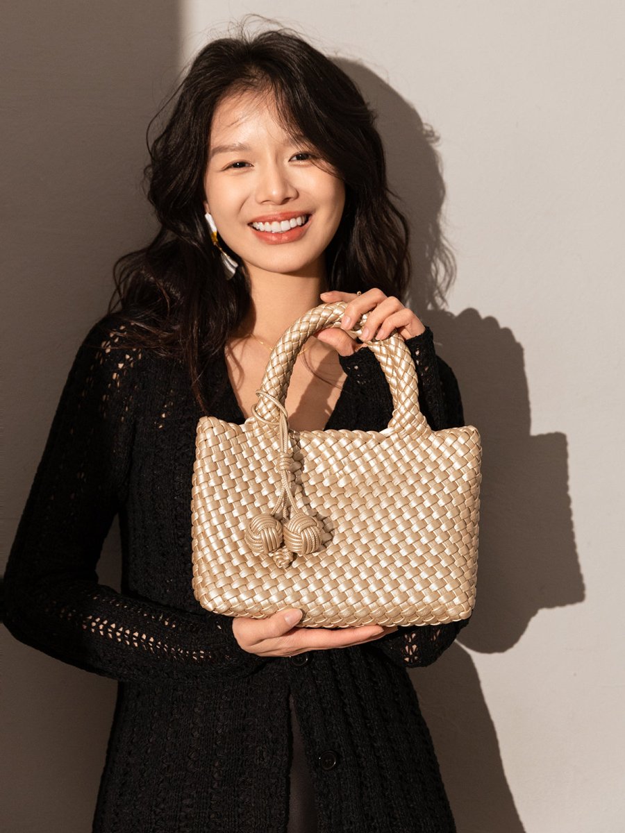Happy Mini Woven Leather Top Handle Bag – Artisan Handwoven Structured Mini Tote with Knotted Charm-1