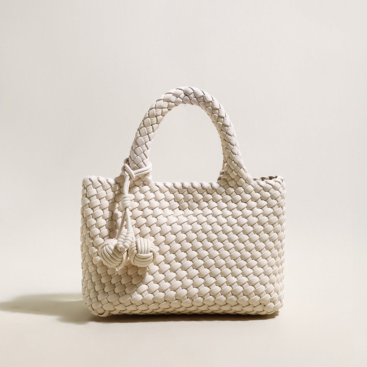 Happy Mini Woven Leather Top Handle Bag – Artisan Handwoven Structured Mini Tote with Knotted Charm-3