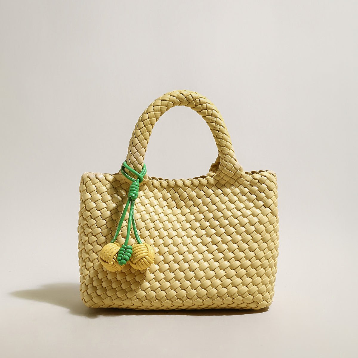 Happy Mini Woven Leather Top Handle Bag – Artisan Handwoven Structured Mini Tote with Knotted Charm-5