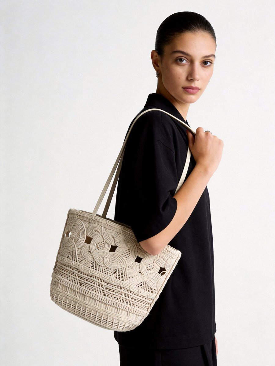 Macramé Open-Weave Tote Bag – Handcrafted Cotton Rope Shoulder Bag with Drawstring Liner-3