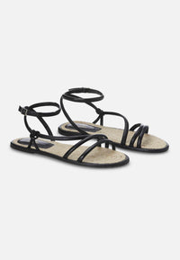 Angico Black Leather Strappy Flat
