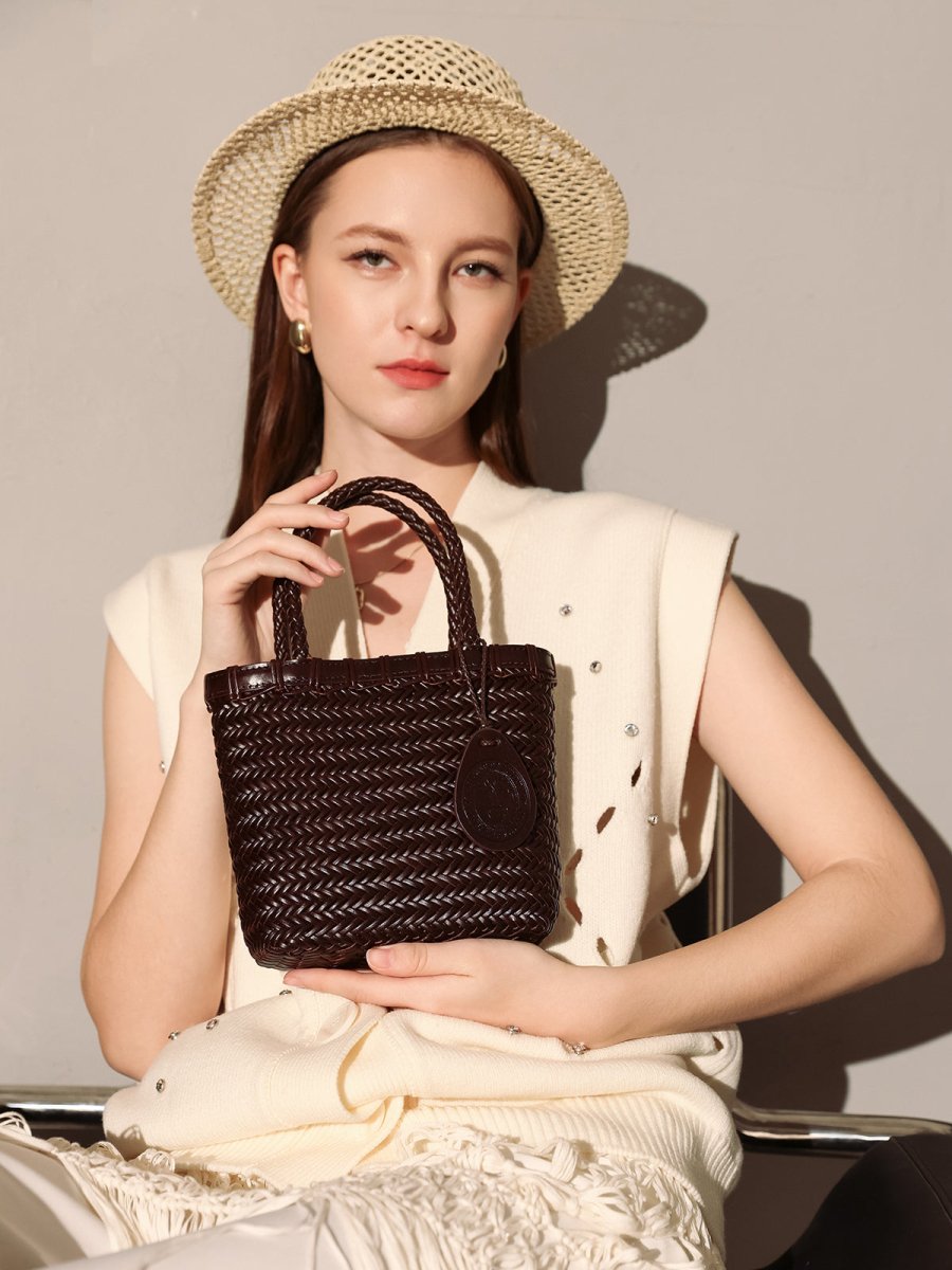 Siena Handwoven Calf Leather Basket Tote – Artisan Herringbone Leather Carryall with Signature Charm-3